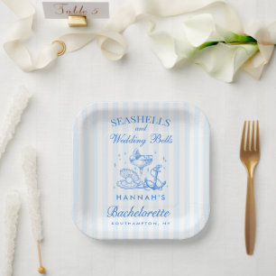 Retro Blue Seashells & Wedding Bells Bachelorette  Paper Plate