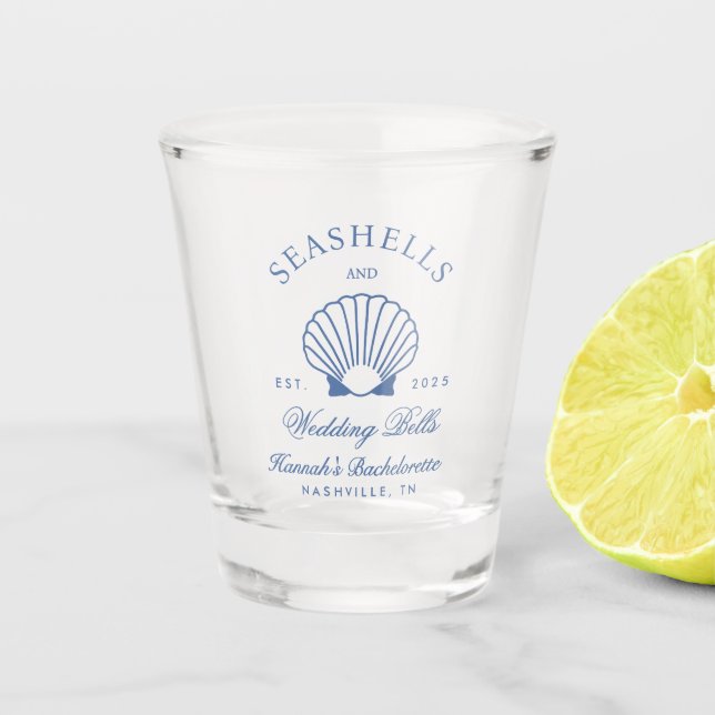 Retro Blue Seashells & Wedding Bells Bachelorette  Shot Glass (Front)