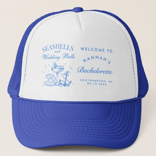Retro Blue Seashells & Wedding Bells Bachelorette  Trucker Hat (Front)