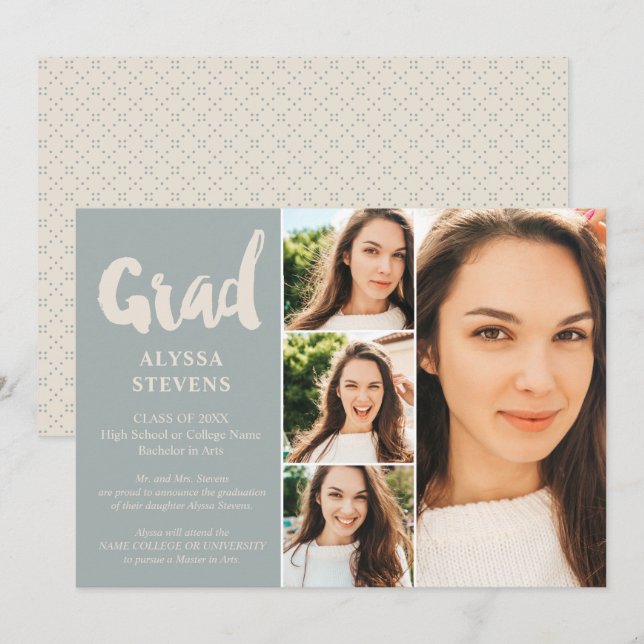 Retro blue simple Grad script 4 photos graduation Invitation (Front/Back)