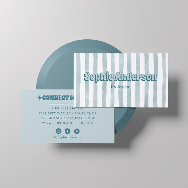 Retro Blue Striped Social Media  Business Card (Creator Uploaded)