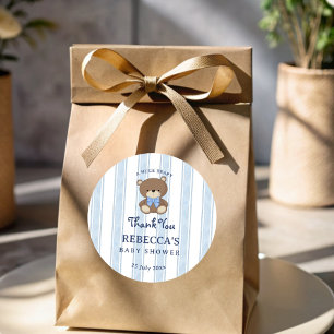 Retro blue stripes teddy bear baby shower favor classic round sticker