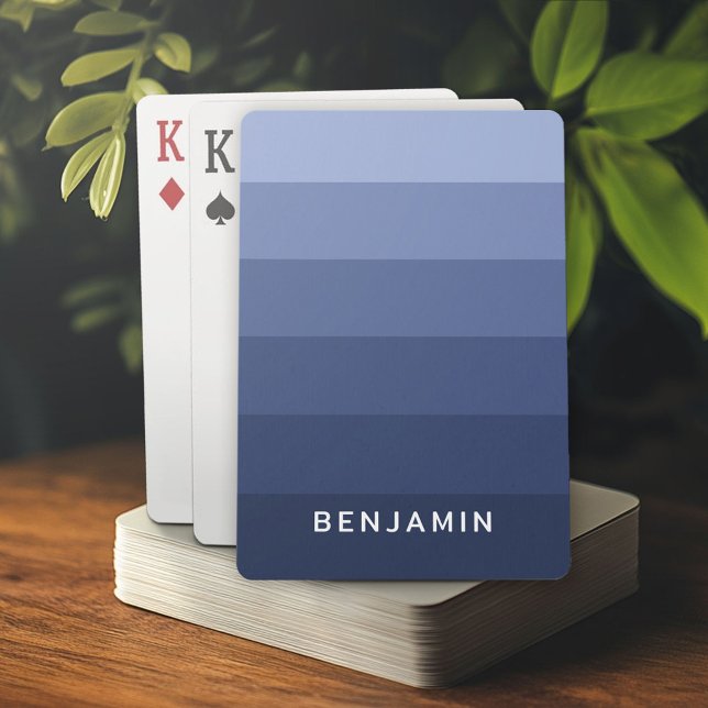 Retro Blue Stripes with Simple Sans Serif Name Playing Cards (Custom Playing Cards)