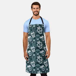 retro blue sugar skull floral ornamental pattern apron