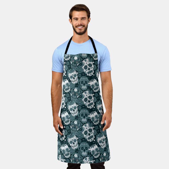 retro blue sugar skull floral ornamental pattern apron (Worn)