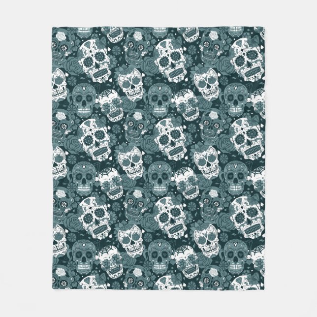 retro blue sugar skull floral ornamental pattern fleece blanket (Front)
