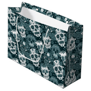 retro blue sugar skull floral ornamental pattern large gift bag