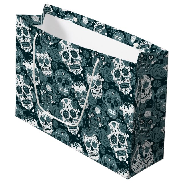 retro blue sugar skull floral ornamental pattern large gift bag (Front Angled)
