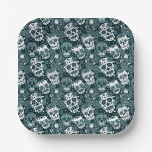 retro blue sugar skull floral ornamental pattern paper plate