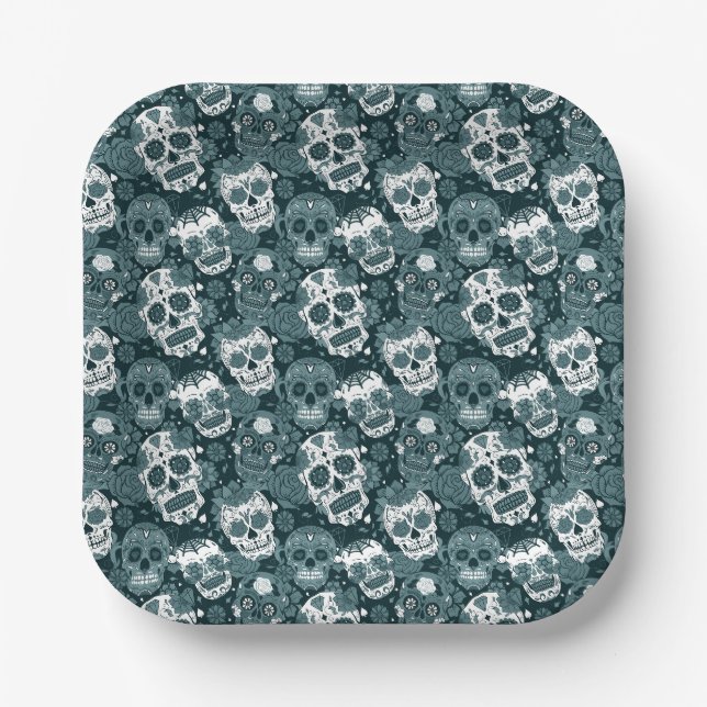 retro blue sugar skull floral ornamental pattern paper plate (Front)