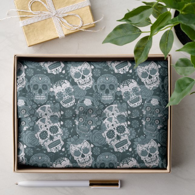 retro blue sugar skull floral ornamental pattern tissue paper (Gift)