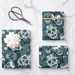 retro blue sugar skull floral ornamental pattern wrapping paper sheet