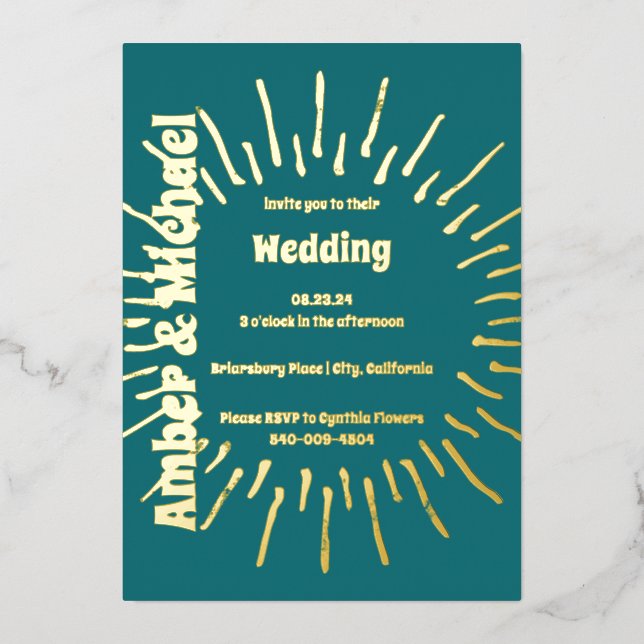 Retro Blue Teal and Gold Sun Wedding (Front)