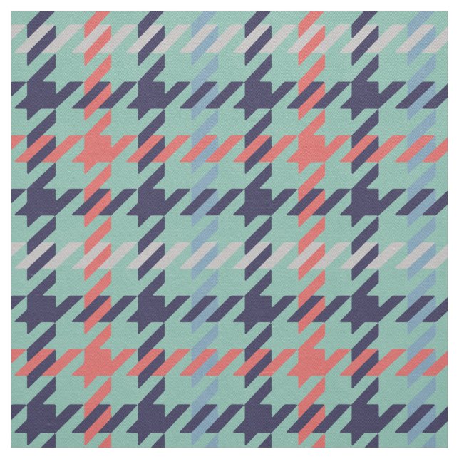Retro blue teal coral houndstooth plaid pattern fabric (Swatch)