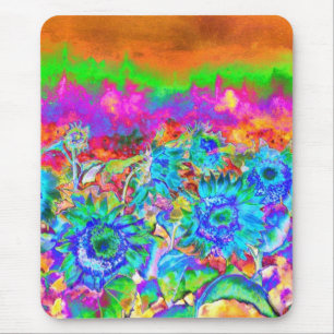 Retro blue teal florals colourful sunflower fields mouse mat