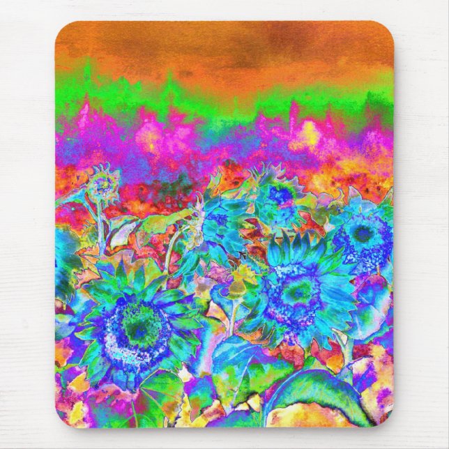 Retro blue teal florals colourful sunflower fields mouse mat (Front)