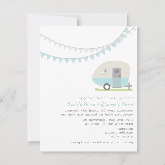 Retro Blue Trailer Wedding Invitation (Front)