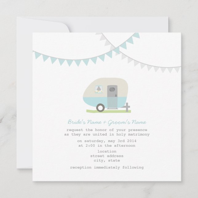 Retro Blue Trailer Wedding Invite (Front)