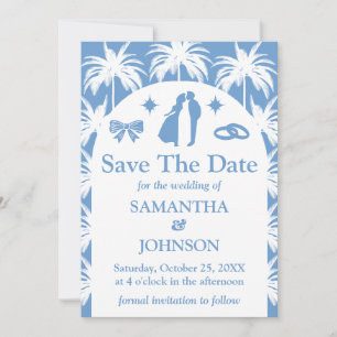 Retro Blue Tropical Palm Tree Photo Wedding Save The Date