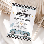 Retro Blue Two Fast Race Car Boy 2nd Birthday Invitation<br><div class="desc">Rev your engines and get ready for a turbocharged celebration with our "Two Fast" 2nd birthday invitation! Designed to capture the spirit of speed and excitement,  this invitation showcases a retro dusty blue race car,  racing flags,  and modern typography,  creating a thrilling atmosphere for your little speedster's special day.</div>
