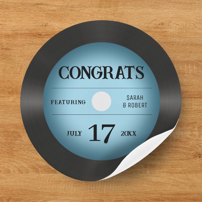 Retro Blue Vinyl Record Wedding Congratulations Classic Round Sticker (Creator Uploaded)
