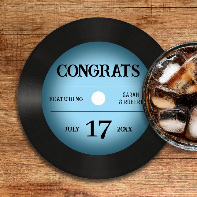 Retro Blue Vinyl Record Wedding Congratulations Round Paper Coaster (Retro Blue Vinyl Record Wedding Congratulations Round Paper Coaster
)