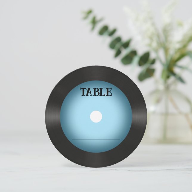 Retro Blue Vinyl Record Wedding Place Card (Standing Front)