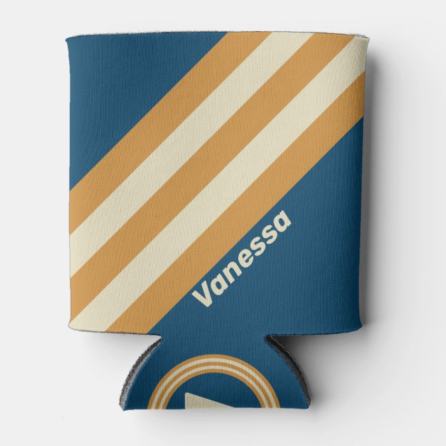 Retro Blue Wave Stripes with Name Can Cooler (Front)