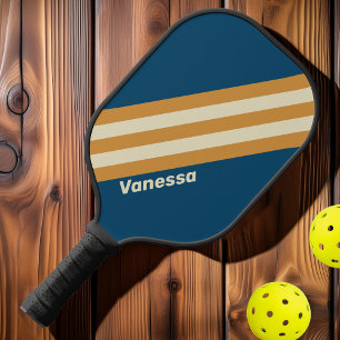 Retro Blue Wave Stripes with Name Pickleball Paddle