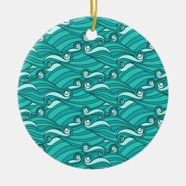 Retro blue waves doodle surf art ceramic tree decoration (Front)