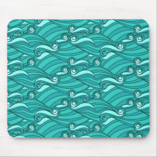 Retro blue waves doodle surf art mouse mat