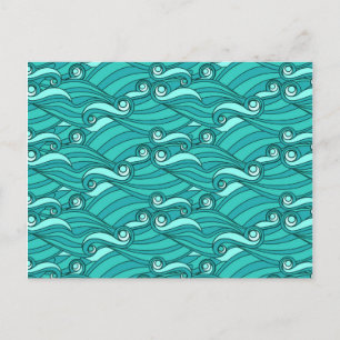 Retro blue waves doodle surf art postcard