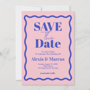 Retro Blue Wavy Squiggle Photo Wedding  Save The Date