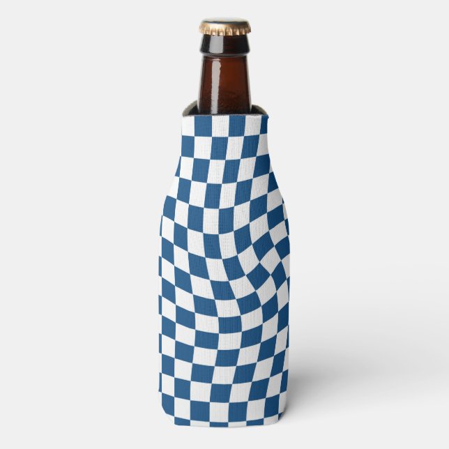 Retro Blue White Checked Warped Chequered  Bottle Cooler (Bottle Front)