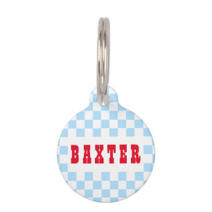 Retro Blue White Chequered Dog Puppy Cat Name Pet Tag