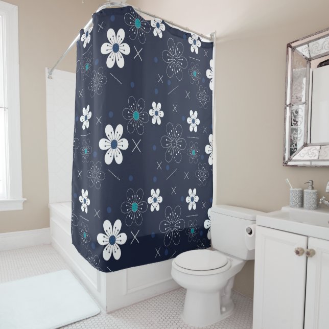 Retro blue white flower  shower curtain (In Situ)