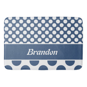 Retro Blue & White Polka Dot Name Bath Mat