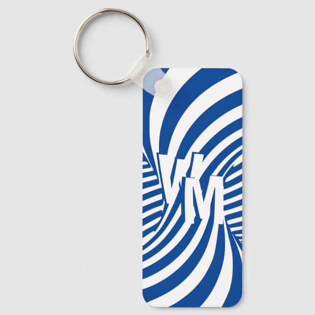 Retro Blue White Psychedelic Spiral Monogrammed Ke Key Ring (Front)