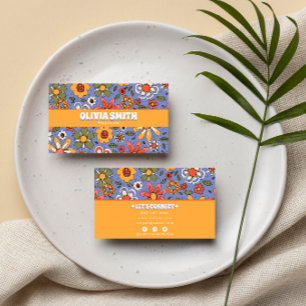 Retro Blue Yellow Boho  Groovy Floral 70s Trendy Business Card