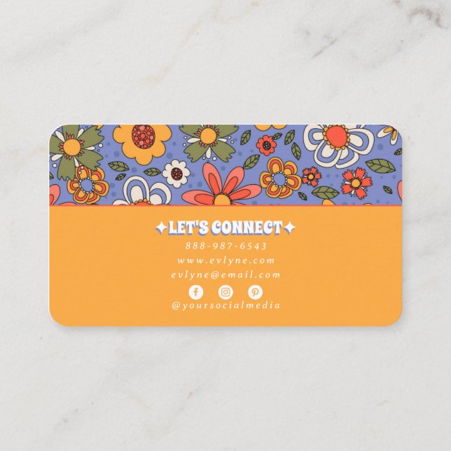 Retro Blue Yellow Boho  Groovy Floral 70s Trendy Business Card (Back)