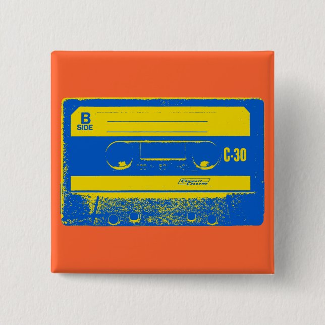 Retro Blue & Yellow Cassette Tape 15 Cm Square Badge (Front)