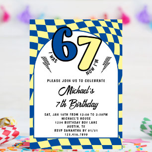 Retro Blue Yellow Chequered 6 7 Boy 7th Birthday  Invitation