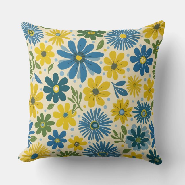 Retro Blue & Yellow Daisy Cushion (Front)