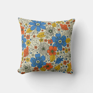 Retro Blue, Yellow & Orange Floral Cushion
