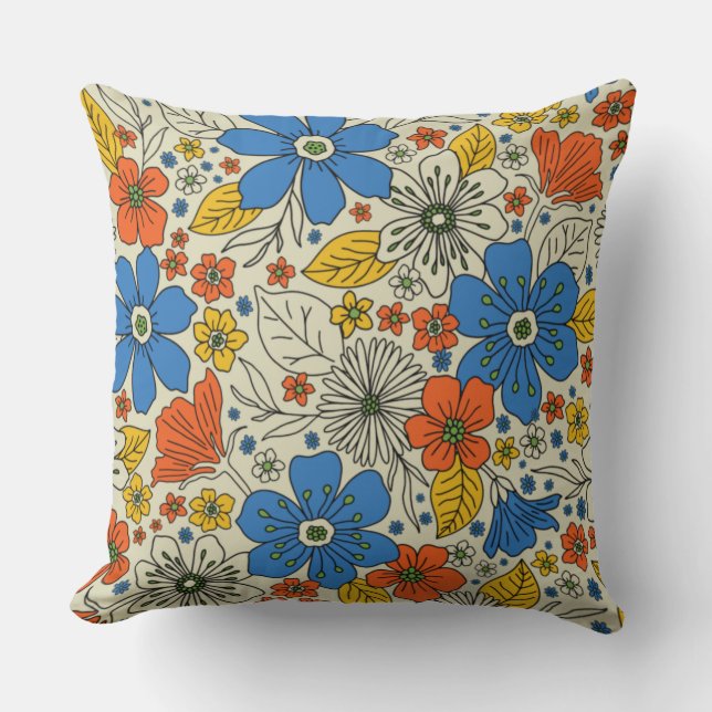 Retro Blue, Yellow & Orange Floral Cushion (Front)