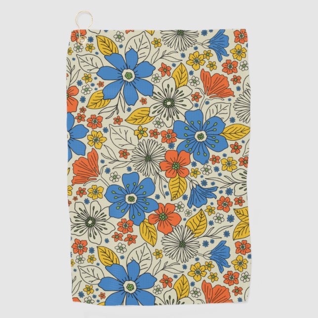 Retro Blue, Yellow & Orange Floral Golf Towel (Front)