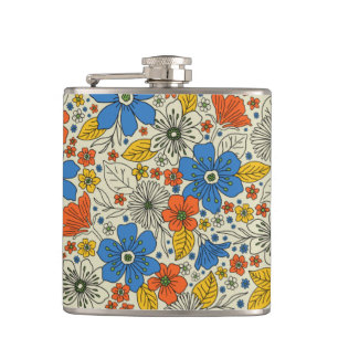 Retro Blue, Yellow & Orange Floral Hip Flask