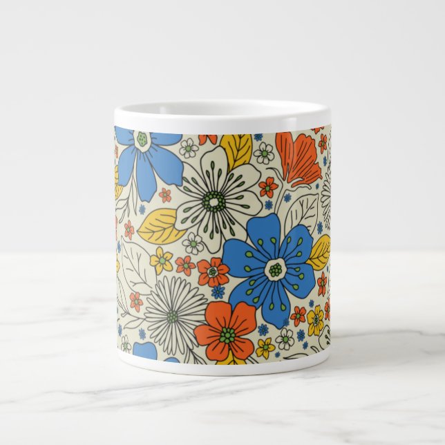 Retro Blue, Yellow & Orange Floral Large Coffee Mug (Front)