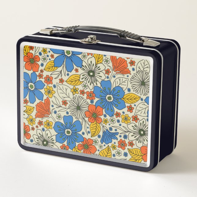 Retro Blue, Yellow & Orange Floral Metal Lunch Box (Front)