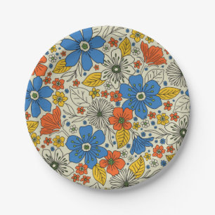 Retro Blue, Yellow & Orange Floral Paper Plate